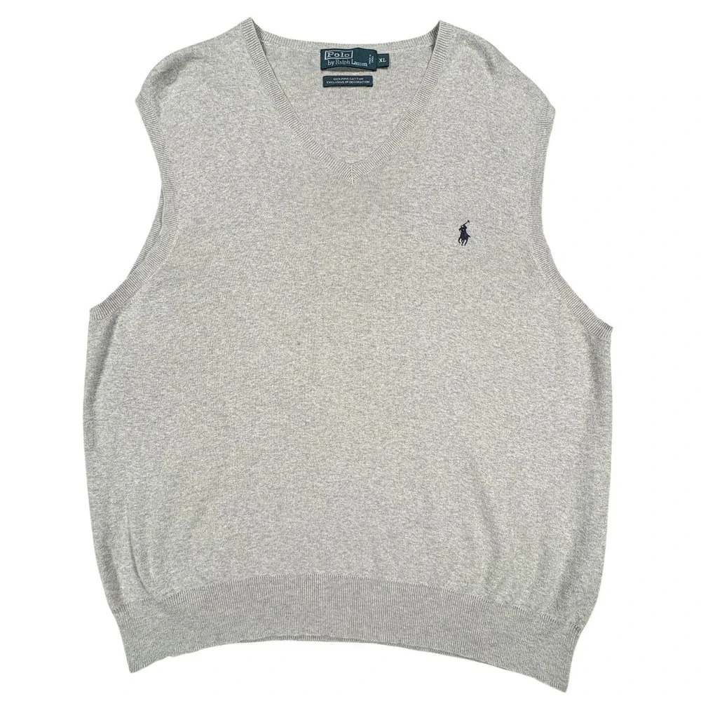 Vintage Polo Ralph Lauren V-Neck Sweater Vest Mens XL Gray Pima Cotton Pony Y2K